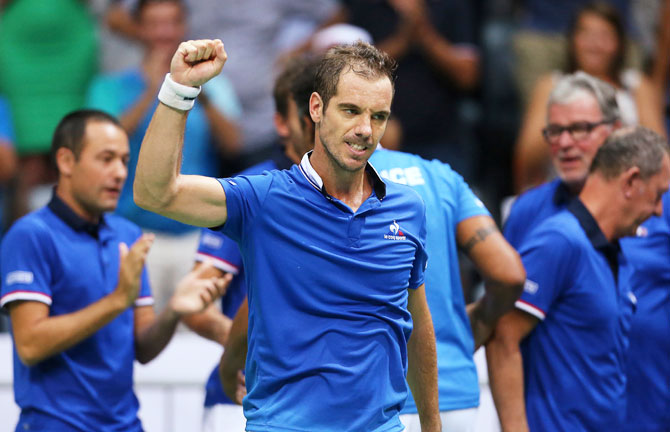 France's Richard Gasquet reacts after winning the singles match against Croatia's Borna Coric during their Davis Cup semi-final tie in Kresimir Cosic Hall, Zadar, Croatia, on Friday