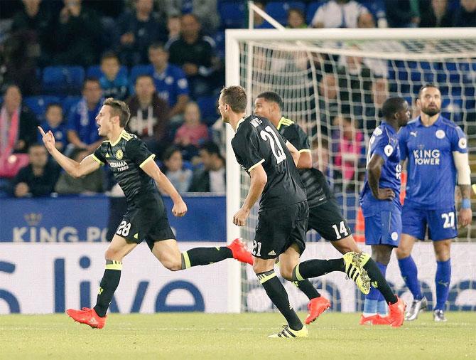 César Azpilicueta celebrates after his goal against Leicester City in their League Cup match on Tuesday