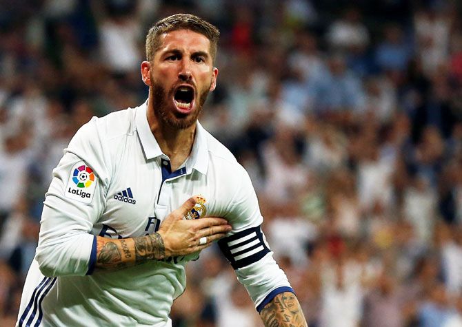 Real Madrid's Sergio Ramos celebrates a goal against Villareal at the Santiago Bernabeu in Madrid on Wednesday