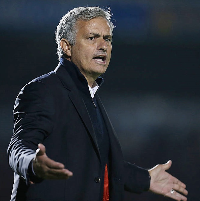 Manchester United manager Jose Mourinho reacts
