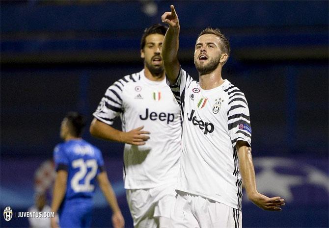 Juve's Miralem Pjanic celebrates his goal against Dinamo Zagreb on Tuesday