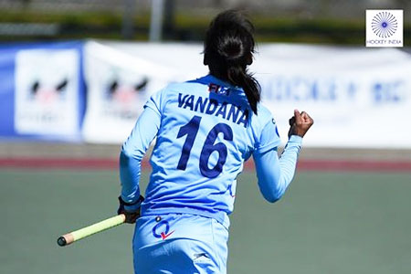 India's Vandana celebrates after scoring the winner against Belarus during the World Hockey League Round 2 match in West Vancouver in Canada on Sunday