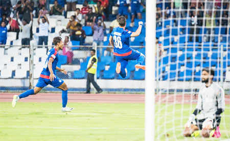 Bengaluru FFC's Marjan Jugovic celebrates after scoring the injury time winner against Aizawl FC during their I-League on Sunday