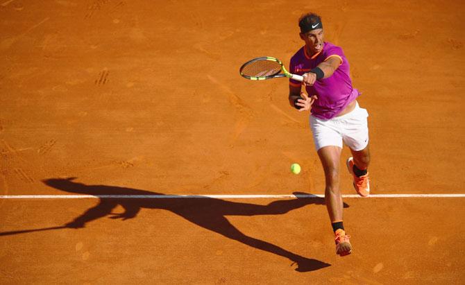 Spain's Rafael Nadal plays a forehand against Germany's Alexander Zverev in his third round match of the Monte Carlo Rolex Masters at Monte-Carlo Sporting Club in Monte-Carlo, Monaco, on Thursday