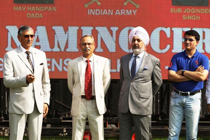 CAB president Sourav Ganguly with Indian Army Personnel at the unveiling ceremony at Eden Gardens in Kolkata on Friday