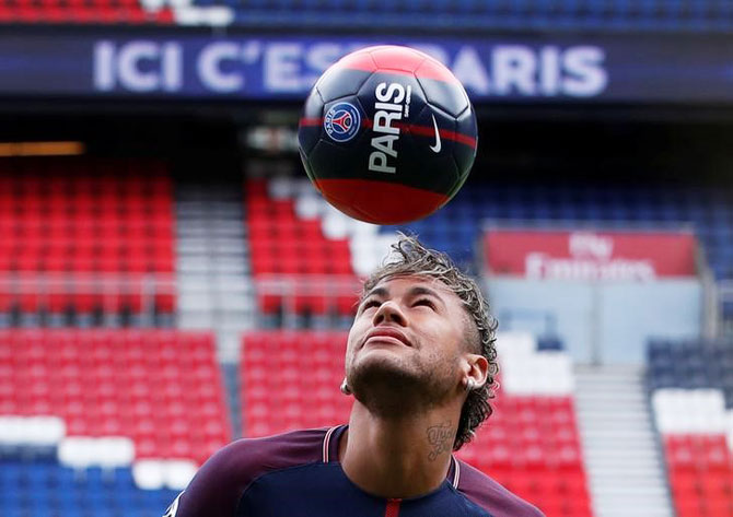 New Paris Saint-Germain signing Neymar Jr at the unveiling on Friday