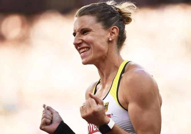 Carolin Schafer of Germany reacts during the Women's Heptathlon Shot Put event