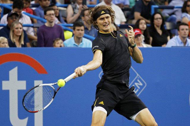 Germany's Alexander Zverev hits a forehand against Japan's Kei Nishikori in the Citi Open men's singles semi-final at Fitzgerald Tennis Center