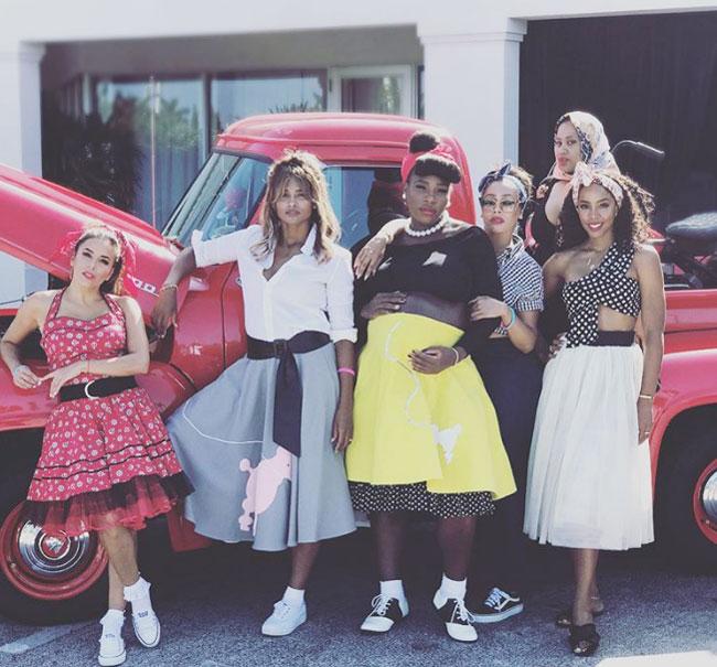 Serena Williams (centre) poses with her friends at the baby shower that was thrown over the weekend