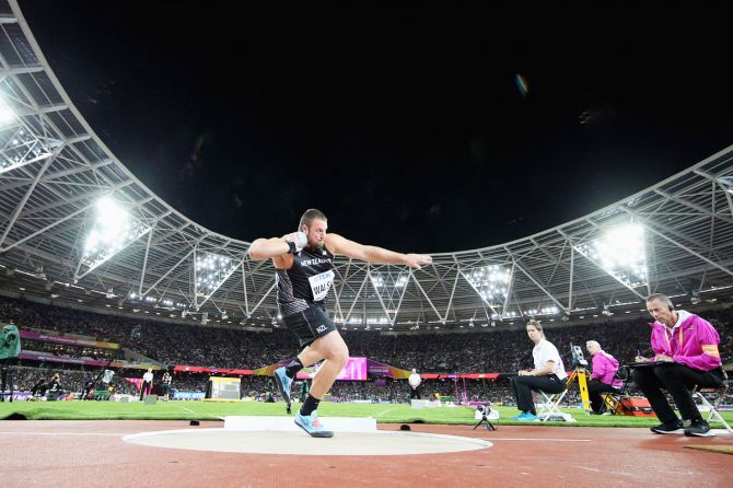 Tomas Walsh of New Zealand competes in the Men's Shot Put final on Sunday