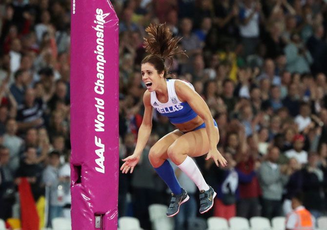 Ekaterini Stefanidi of Greece reacts after winning the women's pole vault final in London on Sunday