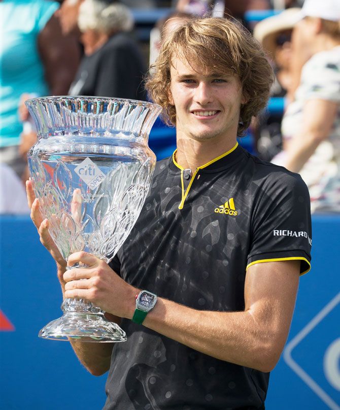 Germany's Alexander Zverev celebrates his win over South Africa's Kevin Anderson to win the Citi Open title at William HG FitzGerald Tennis Center in Washington, DC on Sunday