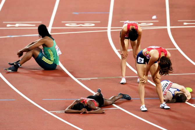 Athletes react after the Women's 1500 metres final at the 16th World Athletics Championships in London on Monday