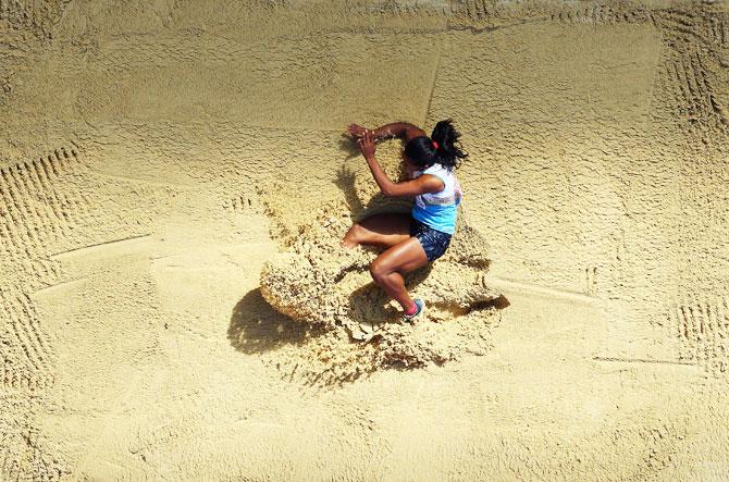 Swapna Barman of India competes in the Women's Heptathlon Long Jump at the 16th IAAF World Athletics Championships at The London Stadium in London on Sunday