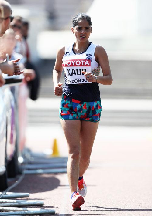 India's Khushbir Kaur competes in the Women's 20km Race Walk final at the 16th IAAF World Athletics Championships at The Mall in London, United Kingdom, on Sunday