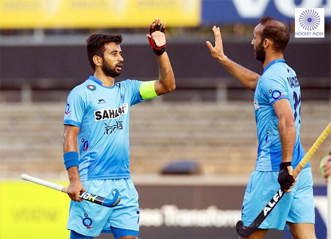 India players celebrate a goal