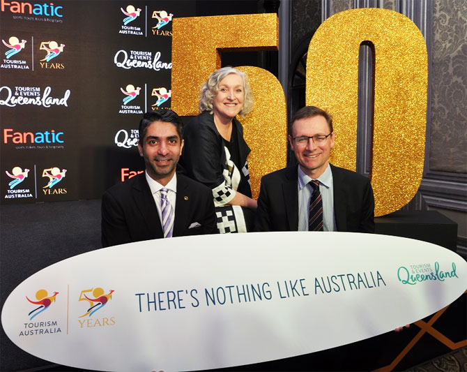 Olympian  Abhinav Bindra, Managing Director at Tourism Australia, John O'Sullivan and CEO, Tourism & Events, Queensland Leanne Coddington at the announcement of 50 Years of Tourism Australia and program for the Gold Coast 2018 Commonwealth Games in Mumbai on Monday