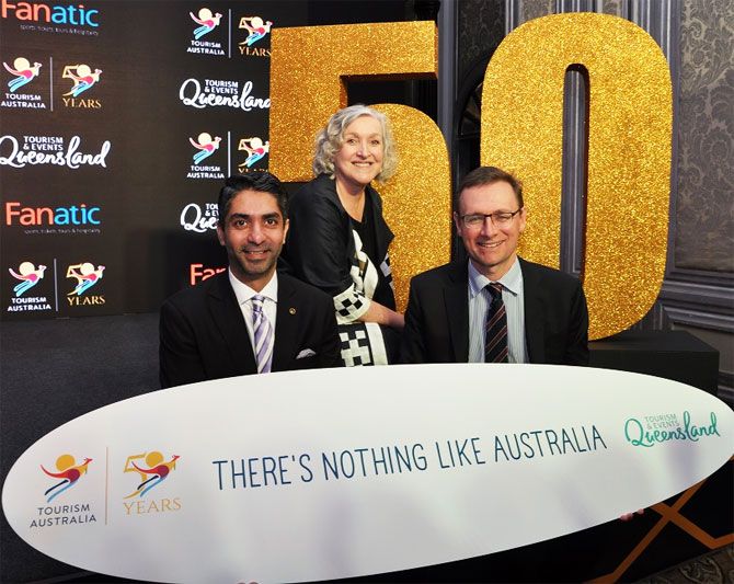Olympian  Abhinav Bindra, Managing Director at Tourism Australia, John O'Sullivan and CEO, Tourism & Events, Queensland Leanne Coddington at the announcement of 50 Years of Tourism Australia and program for the Gold Coast 2018 Commonwealth Games in Mumbai on Monday
