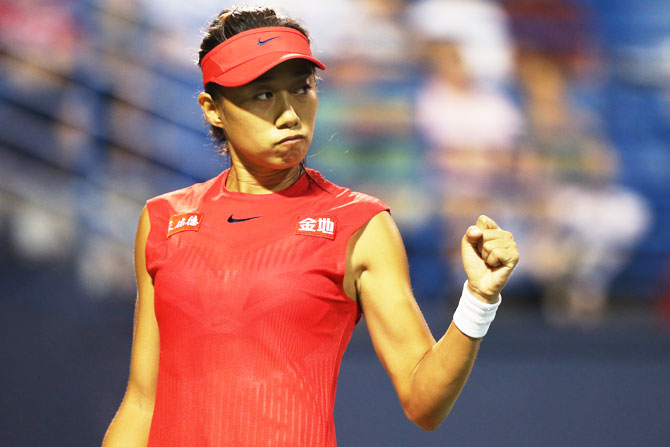 China's Shuai Zhang celebrates during her match against Czech Republic's Petra Kvitova during Day 4 of the Connecticut Open at Connecticut Tennis Center at Yale in New Haven, Connecticut, on Monday