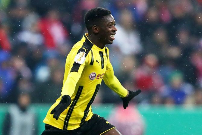 Borussia Dortmund's Ousmane Dembele celebrates a goal
