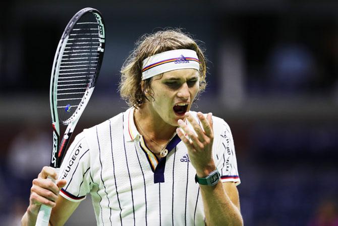 Germany's Alexander Zverev shows his frustration during his first round match against Barbados' Darian King.