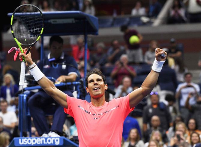 Spain's Rafael Nadal celebrates after beating Serbia's Dusan Lajovic in Ashe Stadium at the USTA Billie Jean King National Tennis Center on Tuesday