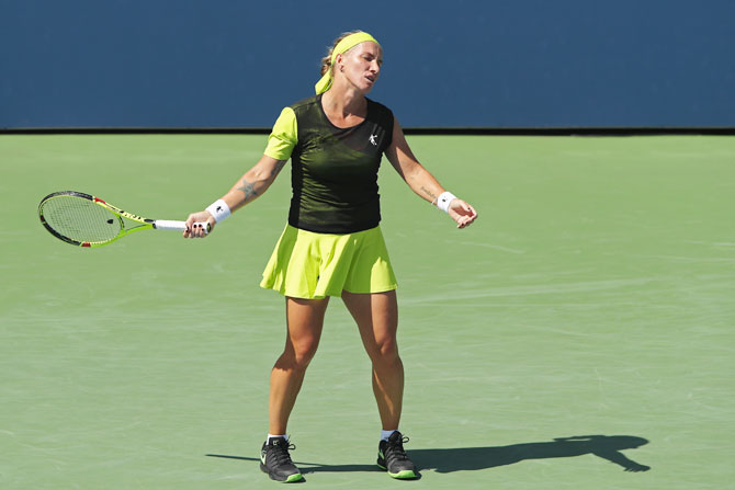 Russia's Svetlana Kuznetsova shows her frustration during her match against Czech Republic's Marketa Vondrousova