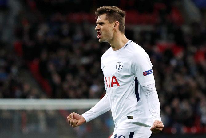 Tottenham’s Fernando Llorente celebrates scoring their first goal against Apoel Nicosia at Wembley Stadium in London on Wednesday