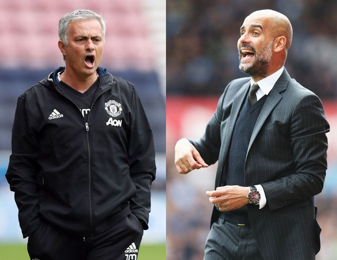 Manchester United manager Jose Mourinho (left) and Manchester City manager Pep Guardiola (right) will carry forward their famed rivalry when the neighbouring clubs clash on Sunday