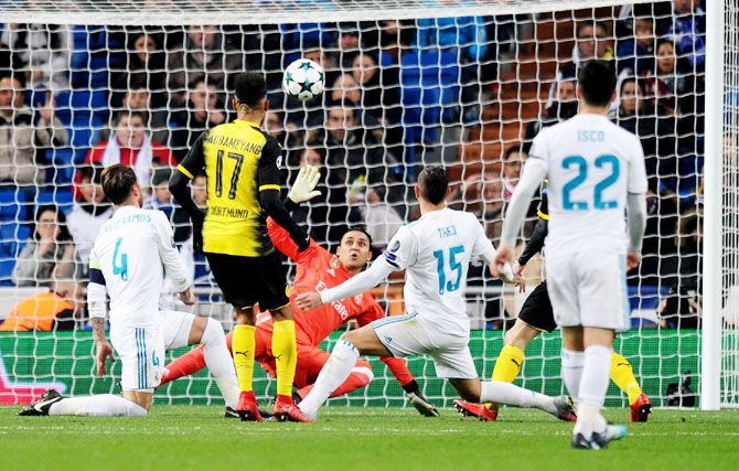 Borussia Dortmund's Pierre-Emerick Aubameyang scores the equaliser against Real Madrid