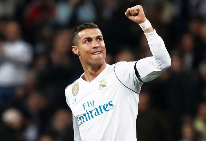 Real Madrid’s Cristiano Ronaldo celebrates scoring their second goal against Borussia Dortmund on Wednesday