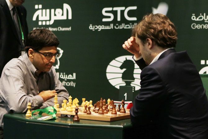 Viswanathan Anand (left) and Vladimir Fedoseev (right) compete for extra game on the day 4 of the King Salman Rapid & Blitz Chess Championships in Riyadh, Saudi Arabia, on Thursday. The Championship is taking place in Saudi Arabia for the first time with participation of 236 players from 70 countries