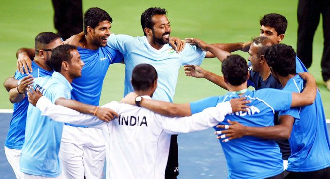 India tennis veteran Leander Paes (centre) and teammates celebrate after their crushing win over New Zealand in their Davis Cup Asia/Oceania Group round 1 tie on Sunday