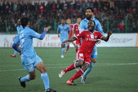 Action from the match between Shillong Lajong and Churchill Brothers during the I-League match on Sunday