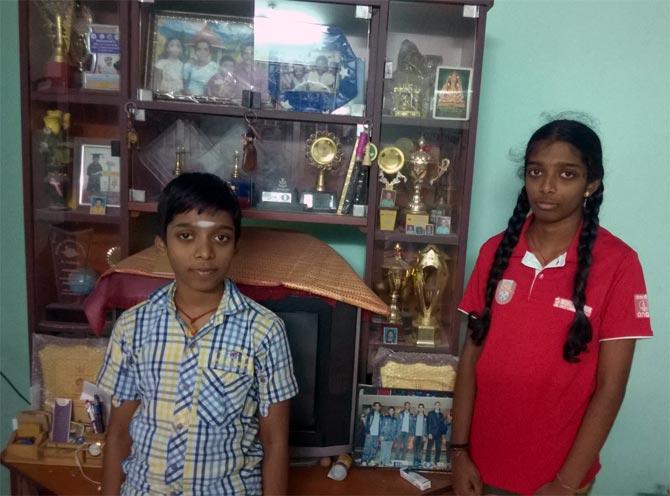 Praggnanandhaa and his sister Vaishali. Photograph: A Ganesh Nadar/Rediff.com