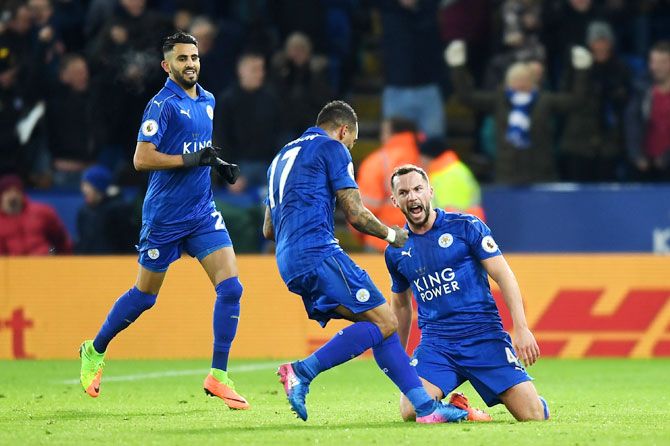 Leicester City's Daniel Drinkwater celebrates with teammates after scoring his side's second goal