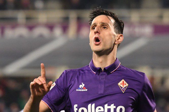 Fiorentina's Nikola Kalinic celebrates after scoring against Torino on Monday