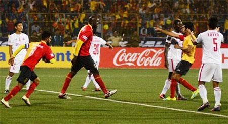 East Bengal's Ivan Bukenya celebrates scoring the equaliser against Aizawl FC during the I-League season opener in Barasat on Saturday