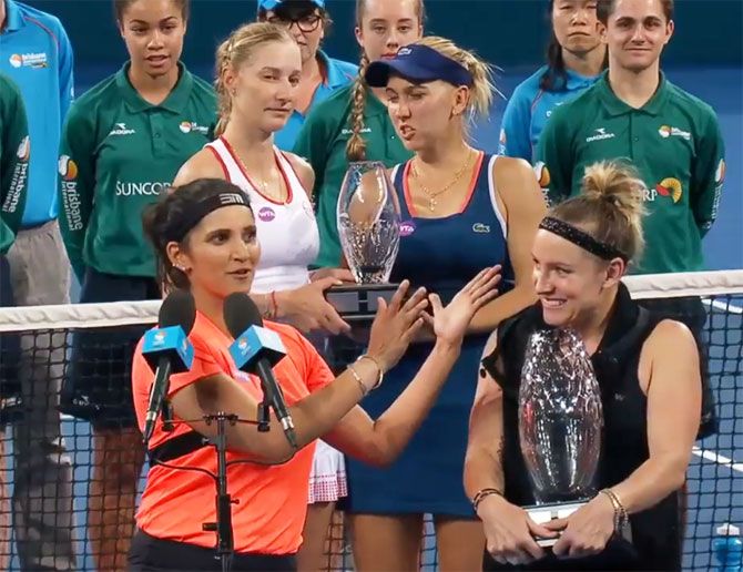 Sania Mirza speaks as her doubles partner and newly-crowned World No 1 doubles player Bethanie Mattek-Sands gushes with pride after the duo won the Brisbane International doubles title on Saturday