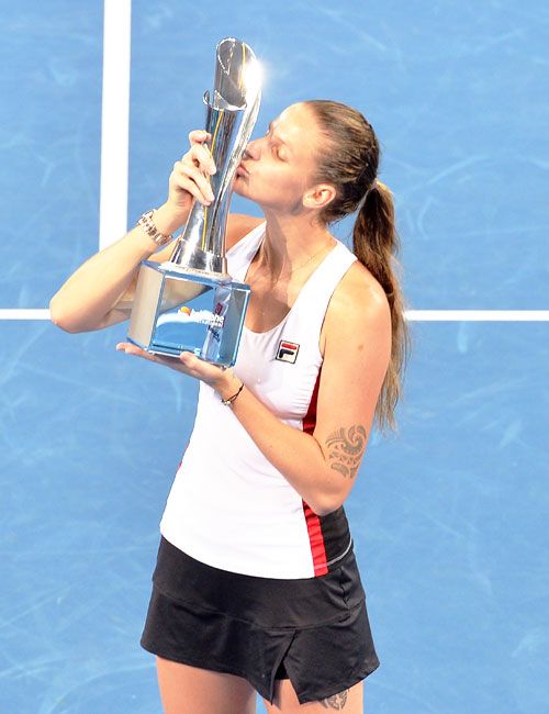 Czech Republic's Karolina Pliskova celebrates victory after beating France's Alize Cornet to win the 2017 Brisbane International women's final at Pat Rafter Arena in Brisbane on Saturday