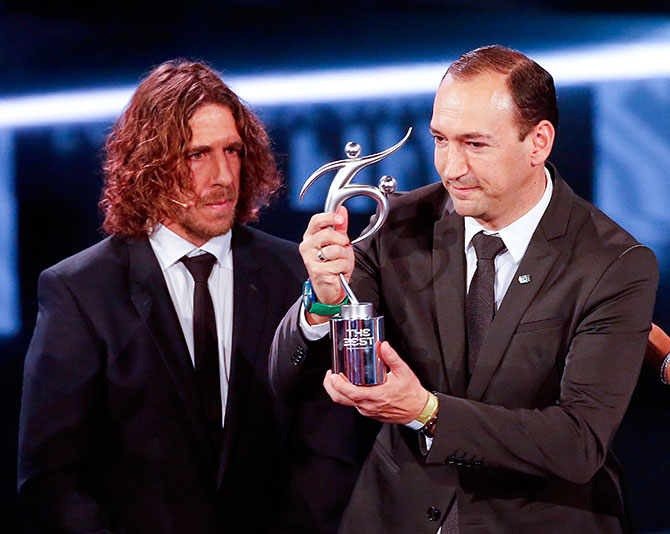 Juan Carlos de la Cuesta of Atletico Nacional receives the FIFA Fair Play Award. Photograph: Ruben Sprich/Reuters