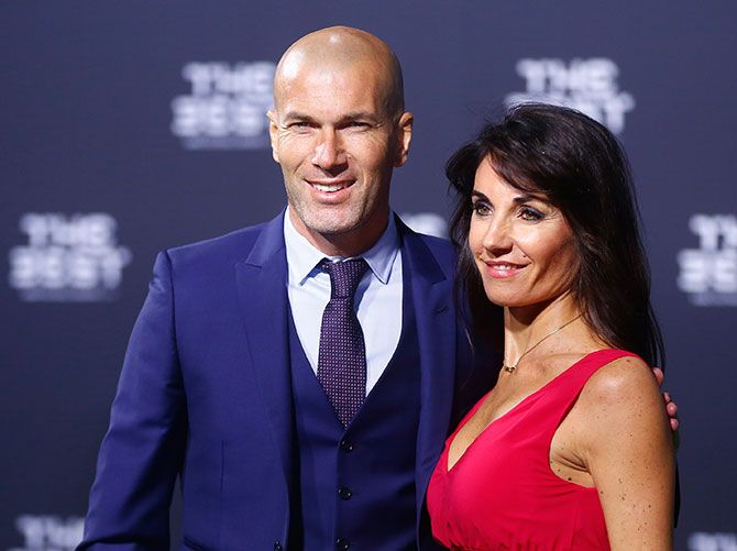 Real Madrid Coach and soccer legend Zinedine Zidane and his wife Veronique arrive at the ceremony. Photograph: Arnd Wiegmann/Reuters