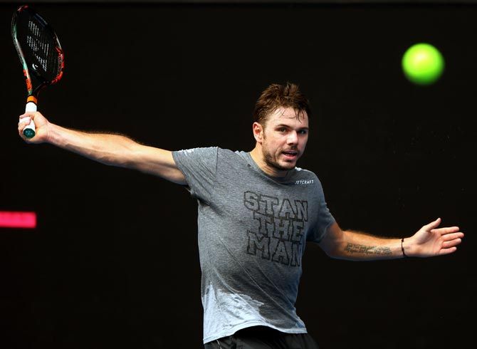 Wawrinka hits a backhand during a practice session ahead of the 2017 Australian Open