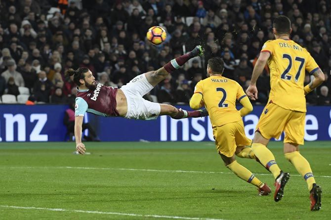 West Ham United's Andy Carroll scores their second goal against Crystal Palace