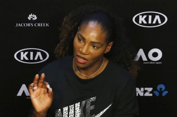 Serena Williams of the US speaks during a news conference ahead of the Australian Open tennis tournament in Melbourne on Saturday