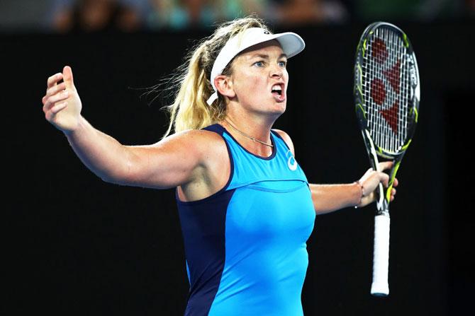 USA's Coco Vandeweghe celebrates winning her third round match against Canada's Eugenie Bouchard on Friday