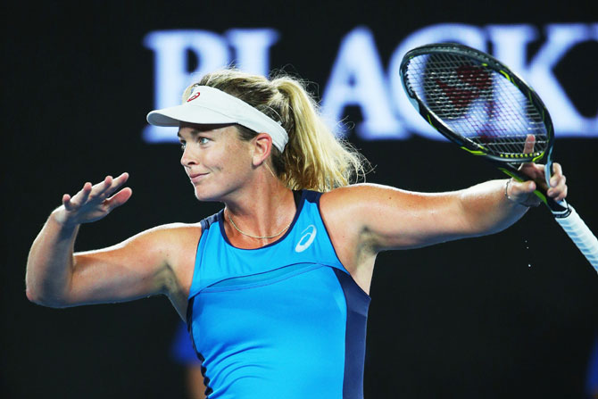 Coco Vanderweghe gestures in celebration after winning her fourth round match against Angelique Kerber