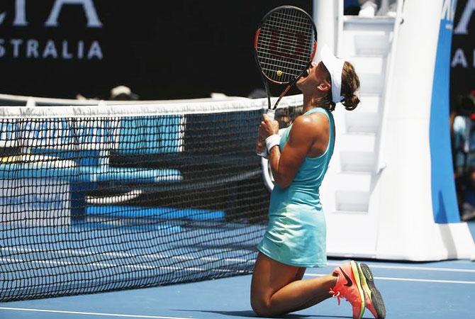 Barbora Strycova reacts after losing a point during her fourth round match against Serena Williams