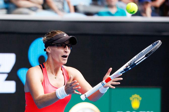 Croatia's Mirjana Lucic-Baroni celebrates winning her fourth round match against the United States' Jennifer Brady on Monday