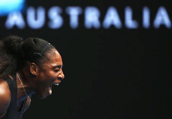 Serena Williams of the US reacts during her fourth round match against Czech Republic's Barbora Strycova